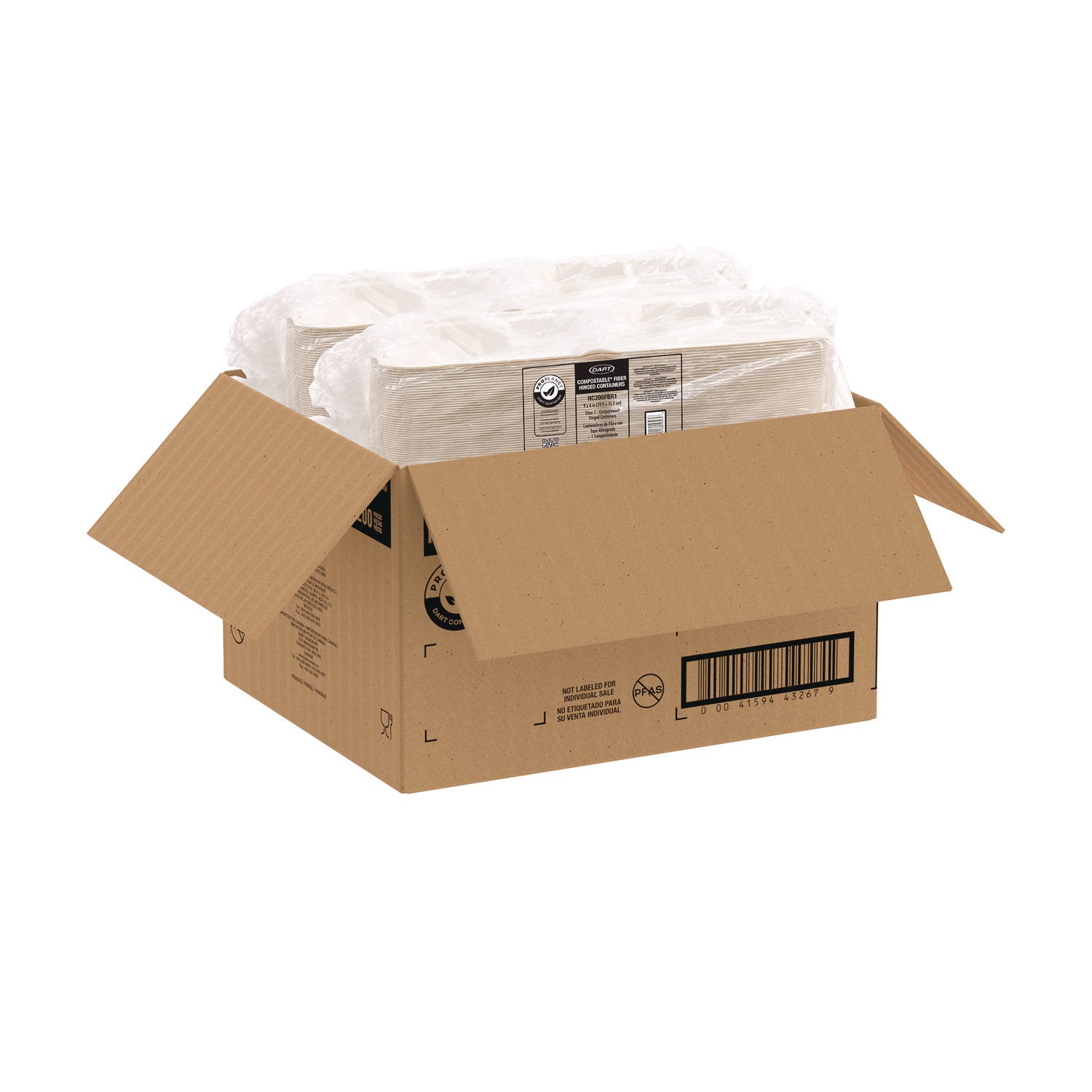 Dart Compostable Fiber Hinged Containers, ProPlanet Seal, 6.34 x 9.06 x 1.97, Ivory, Molded Fiber, 200/Carton (HC206FBR1)