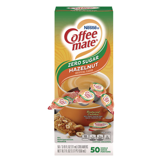 Coffee-mate Liquid Coffee Creamer, Zero Sugar Hazelnut, 0.38 oz Mini Cups, 50/Box (98468BX)