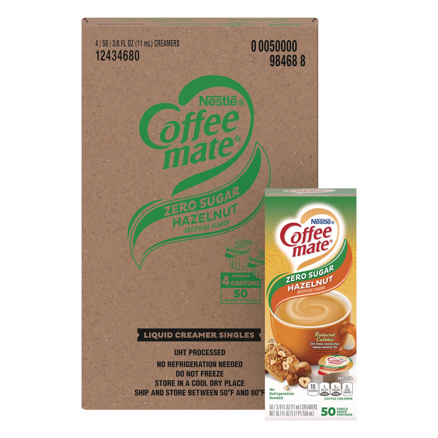 Coffee-mate Liquid Coffee Creamer, Zero Sugar Hazelnut, 0.38 oz Mini Cups, 50/Box, 4 Boxes/Carton (98468CT)