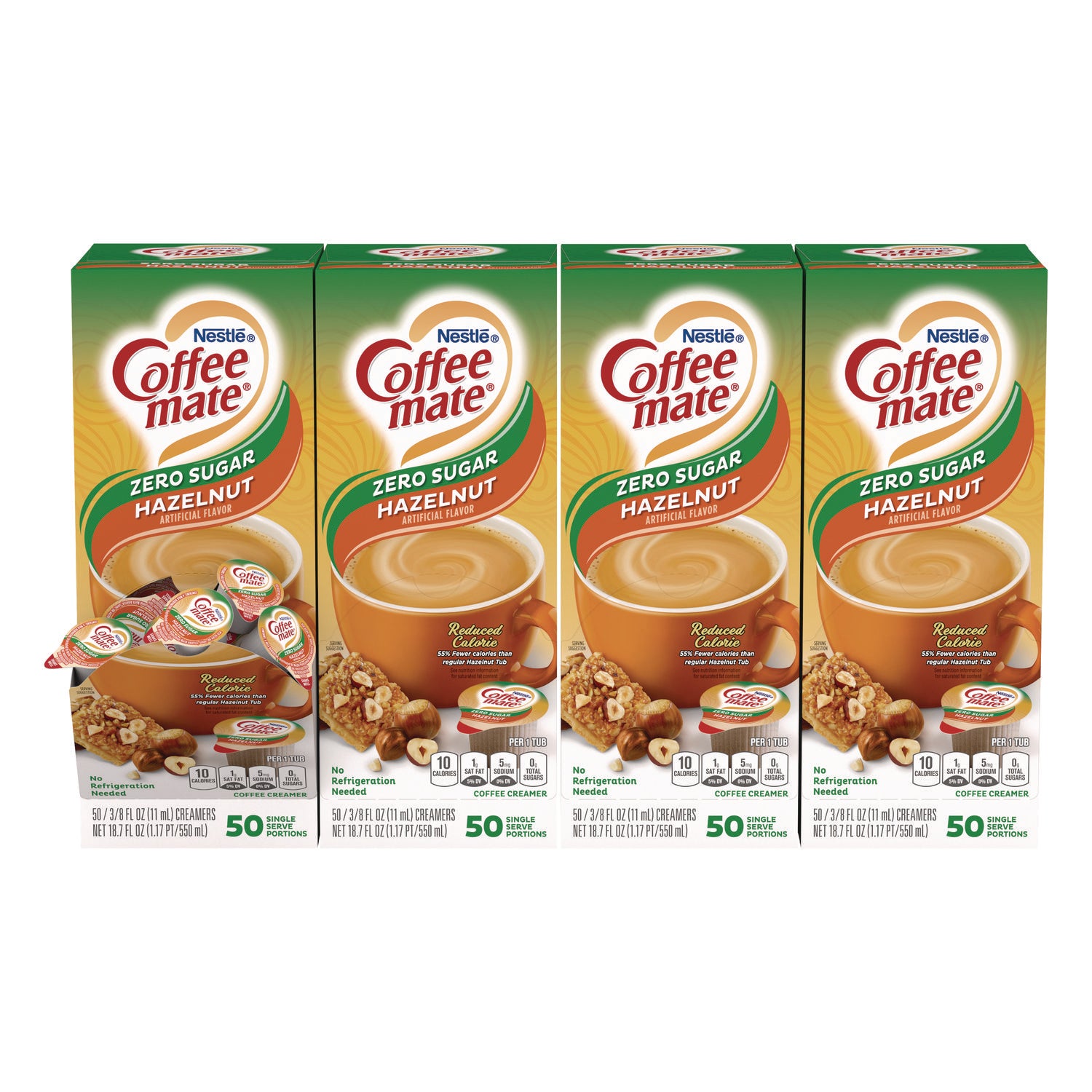 Coffee-mate Liquid Coffee Creamer, Zero Sugar Hazelnut, 0.38 oz Mini Cups, 50/Box, 4 Boxes/Carton (98468CT)