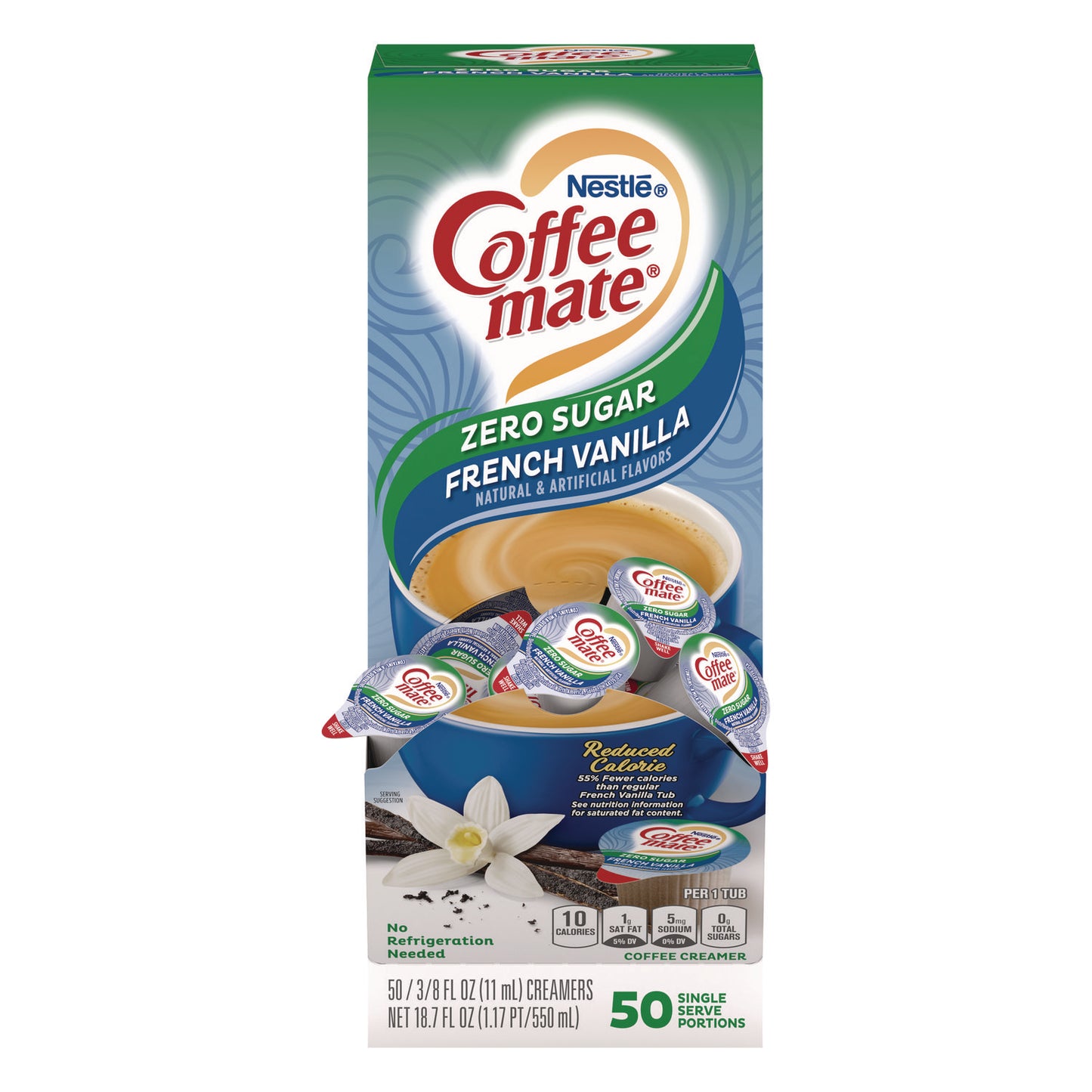 Coffee-mate Liquid Coffee Creamer, Zero Sugar French Vanilla, 0.38 oz Mini Cups, 50/Box, 4 Boxes/Carton, 200 Total/Carton (91757CT)