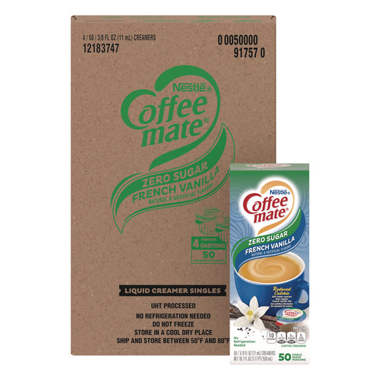 Coffee-mate Liquid Coffee Creamer, Zero Sugar French Vanilla, 0.38 oz Mini Cups, 50/Box, 4 Boxes/Carton, 200 Total/Carton (91757CT)