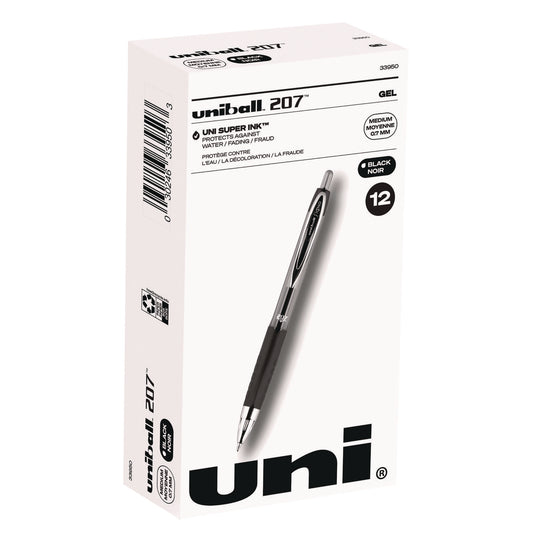 uni-ball Signo 207 Gel Pen, Retractable, Medium 0.7 mm, Black Ink, Smoke/Black Barrel, Dozen (33950)