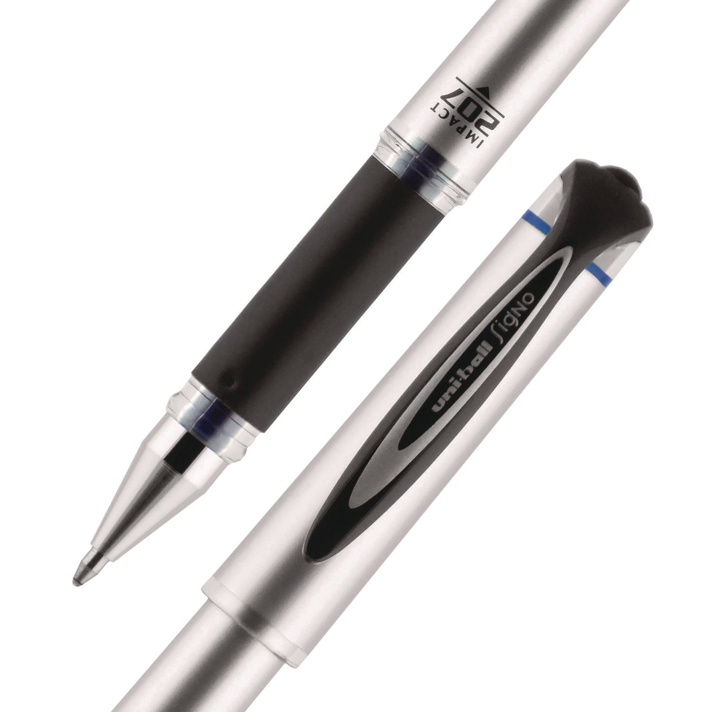 uni-ball 207 Impact Gel Pen, Stick, Bold 1 mm, Blue Ink, Silver/Black/Blue Barrel (65801)