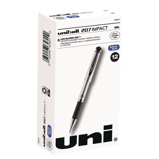 uni-ball 207 Impact Gel Pen, Stick, Bold 1 mm, Blue Ink, Silver/Black/Blue Barrel (65801)