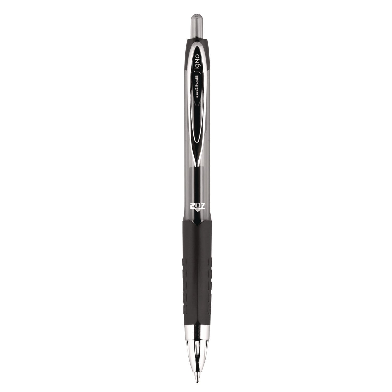 uni-ball Signo 207 Gel Pen, Retractable, Medium 0.7 mm, Black Ink, Smoke/Black Barrel, Dozen (33950)