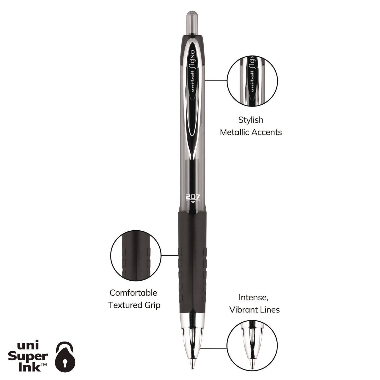 uni-ball Signo 207 Gel Pen, Retractable, Medium 0.7 mm, Black Ink, Smoke/Black Barrel, Dozen (33950)