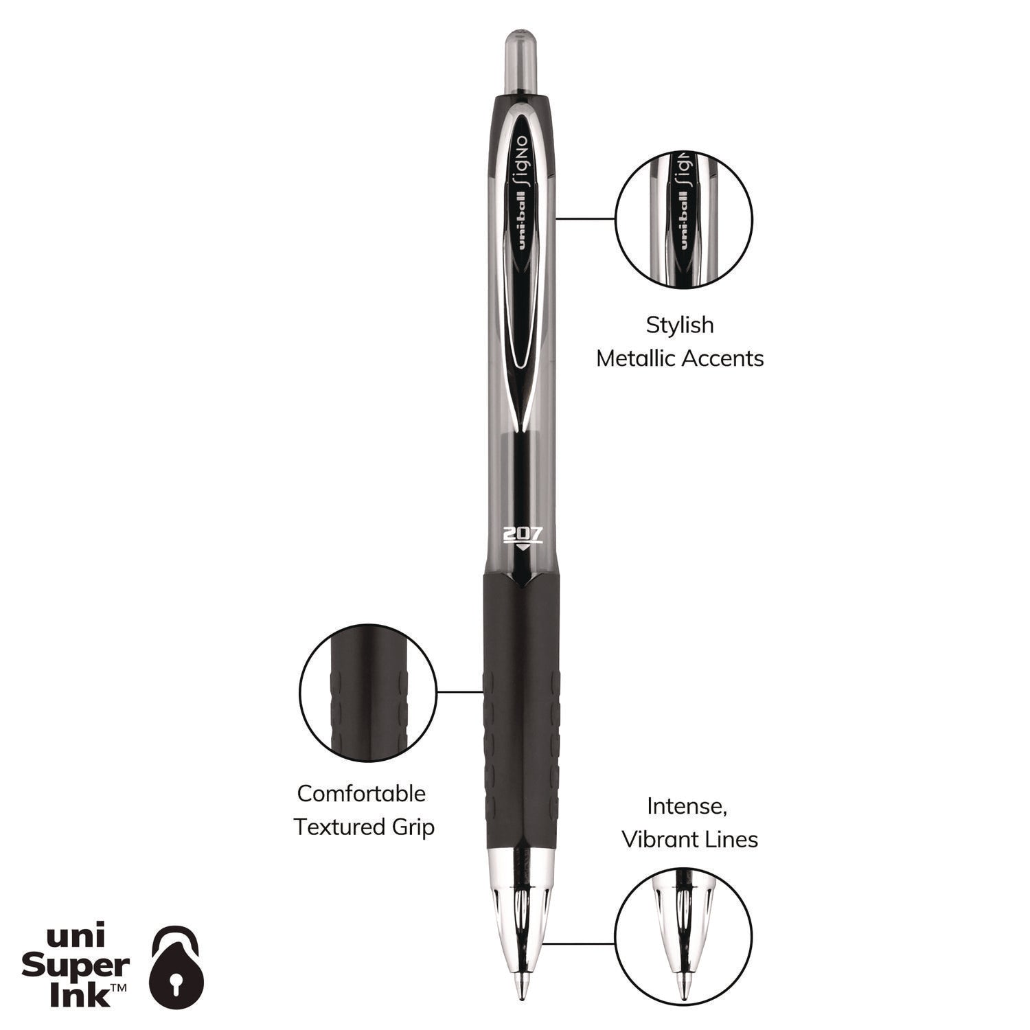 uni-ball Signo 207 Gel Pen, Retractable, Medium 0.7 mm, Black Ink, Smoke/Black Barrel, Dozen (33950)