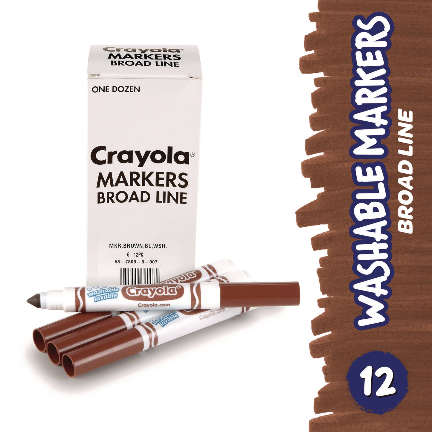 Crayola Broad Line Washable Markers, Broad Bullet Tip, Brown, 12/Box (587800007)