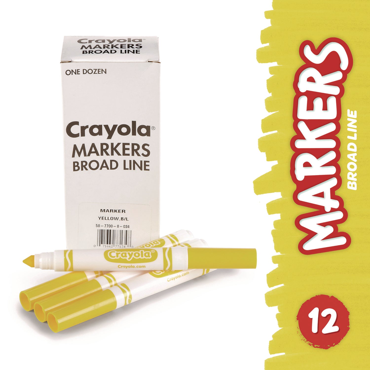 Crayola Broad Line Washable Markers, Broad Bullet Tip, Yellow, 12/Box (587800034)