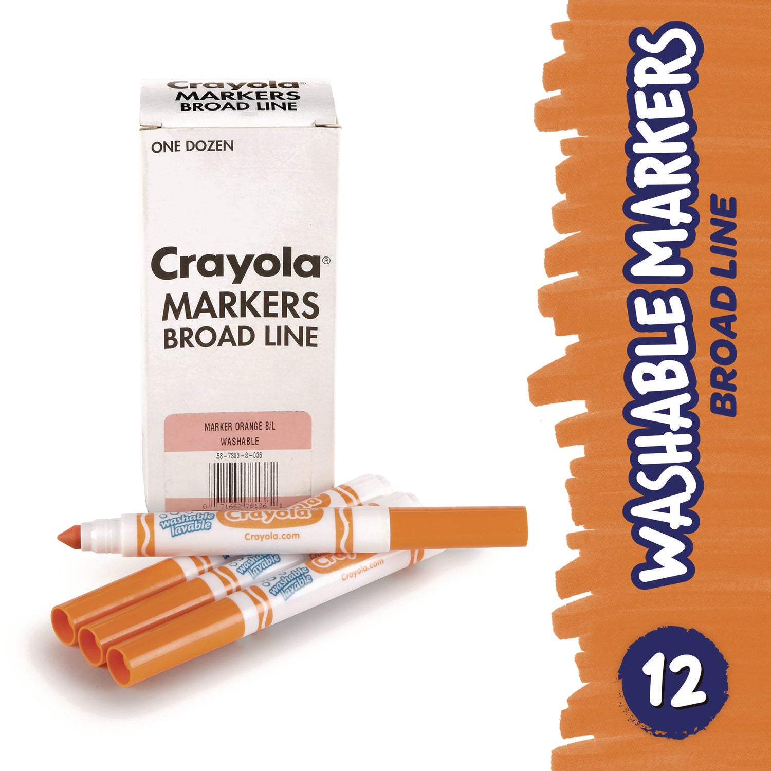 Crayola Broad Line Washable Markers, Broad Bullet Tip, Orange, 12/Box (587800036)