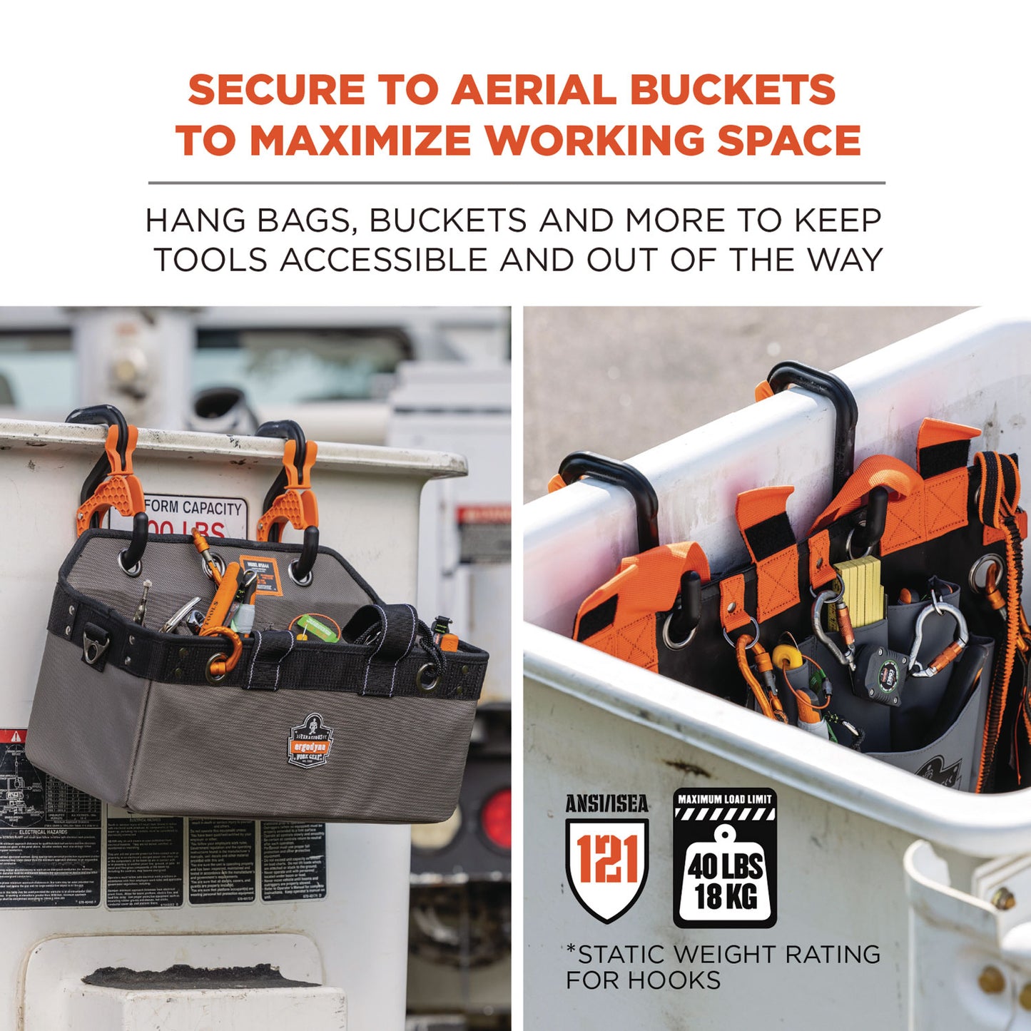 ergodyne Squids 3178 Locking Aerial Bucket Hook, Tethering Point, 9.06 x 7.09 x 2.17, Black/Orange, Supports 40 lbs (19179)