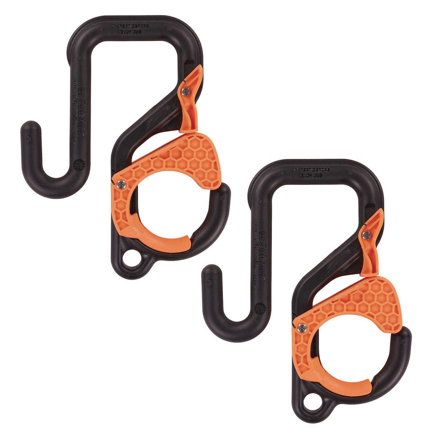 ergodyne Squids 3178 Locking Aerial Bucket Hook, Tethering Point, 9.06 x 7.09 x 2.17, Black/Orange, Supports 40 lbs, 2/Pack (19279)