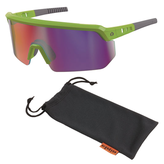 ergodyne Skullerz AEGIR Safety Glasses, Mirrored Lenses, Lime Nylon Impact Frame, Purple Mirror Polycarbonate Lens (55015)