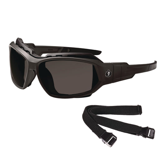 ergodyne Skullerz LOKI Anti-Scratch/Anti-Fog Convertible Safety Spoggles with Strap, Matte Black Frame, Smoke Polycarbonate Lens (56035)