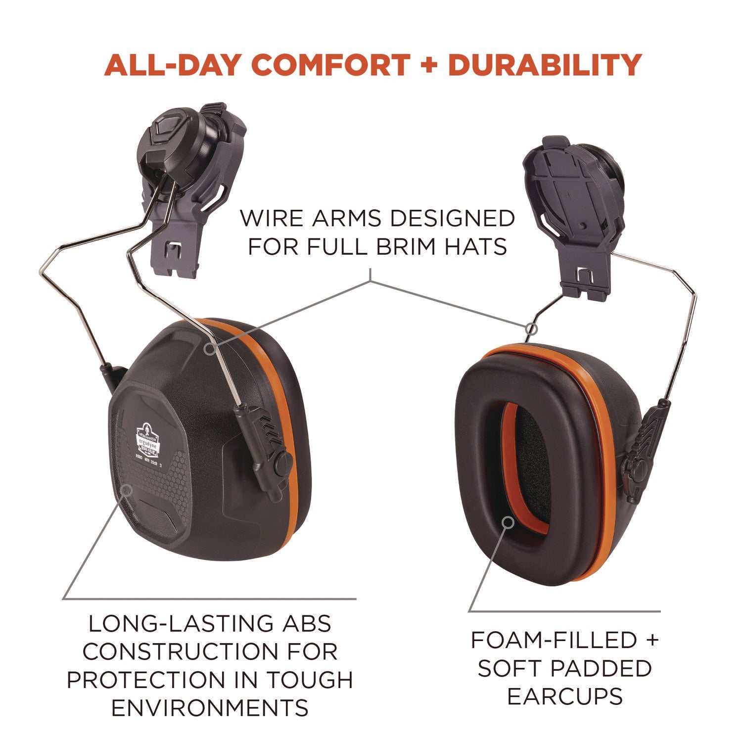 ergodyne Skullerz 8880 NRR 26dB Hard Hat Mounted Earmuffs, Full Brim, Gray (60259)