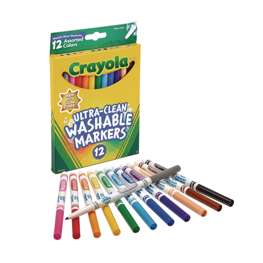 Crayola Ultra-Clean Washable Markers, Fine Bullet Tip, Assorted Colors, Dozen (587813)