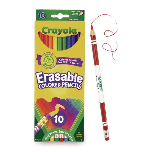 Crayola Erasable Color Pencil Set, 3.3 mm, 2B, Assorted Lead and Barrel Colors, 10/Pack (684410)