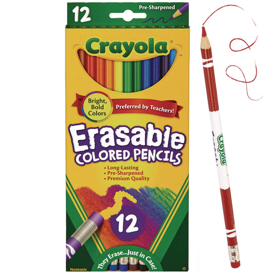 Crayola Erasable Color Pencil Set, 3.3 mm, 2B, Assorted Lead and Barrel Colors, Dozen (684412)