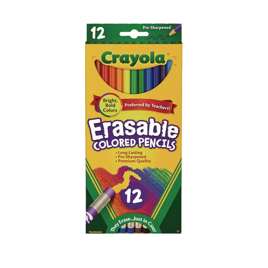 Crayola Erasable Color Pencil Set, 3.3 mm, 2B, Assorted Lead and Barrel Colors, Dozen (684412)