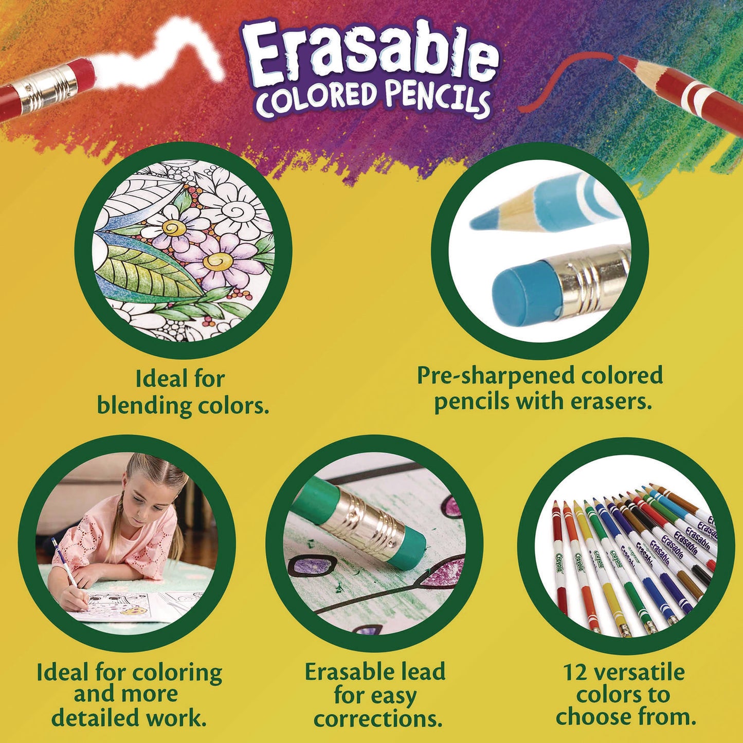 Crayola Erasable Color Pencil Set, 3.3 mm, 2B, Assorted Lead and Barrel Colors, Dozen (684412)