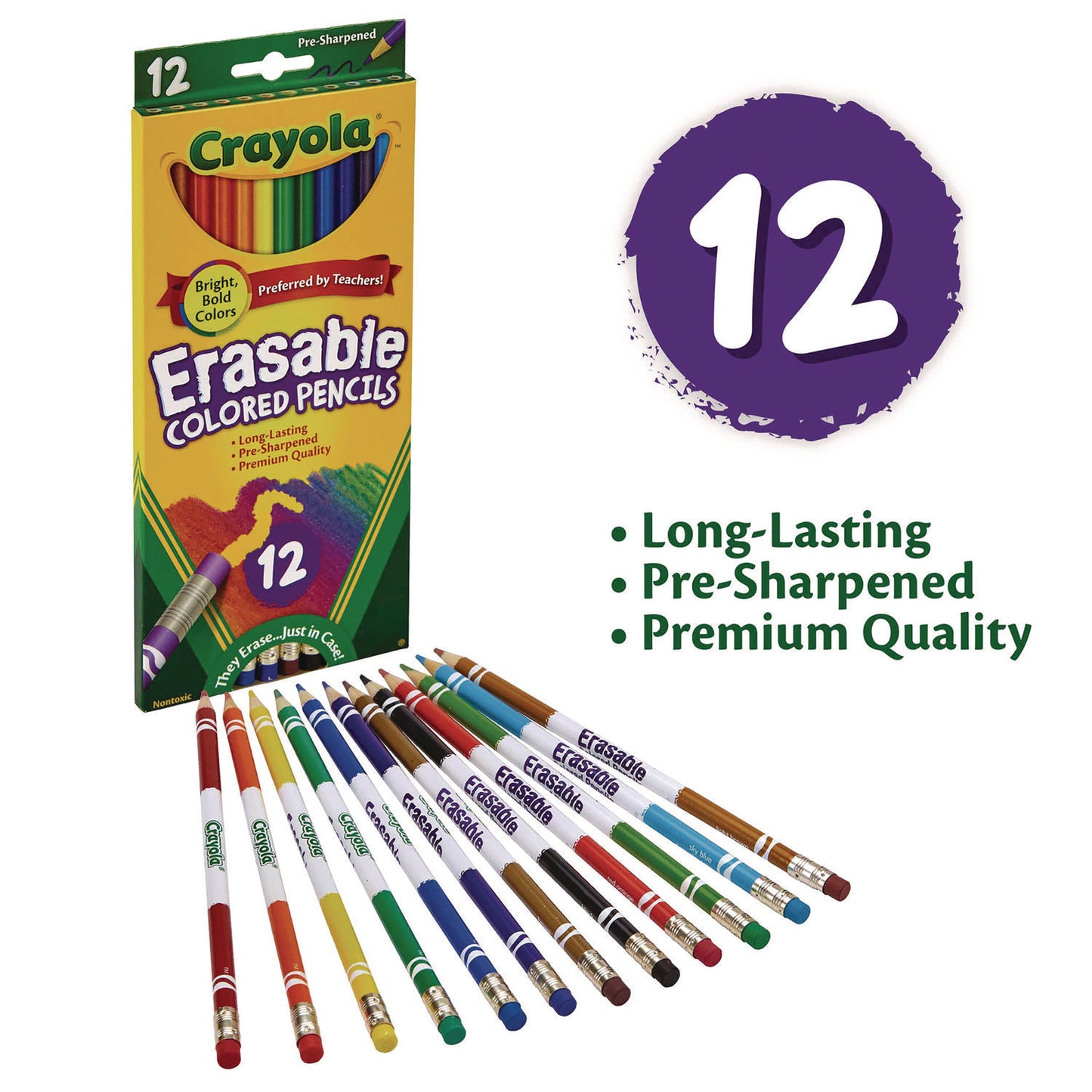 Crayola Erasable Color Pencil Set, 3.3 mm, 2B, Assorted Lead and Barrel Colors, Dozen (684412)