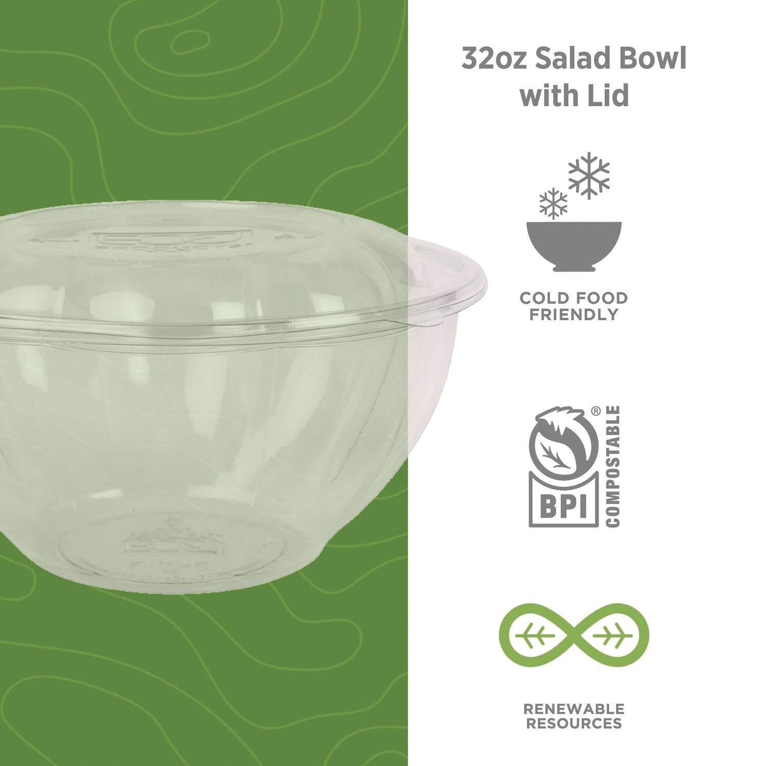 Eco-Products Renewable and Compostable Salad Bowls with Lids, 32 oz, Clear, Plastic, 50/Pack, 3 Packs/Carton (EPSB32)