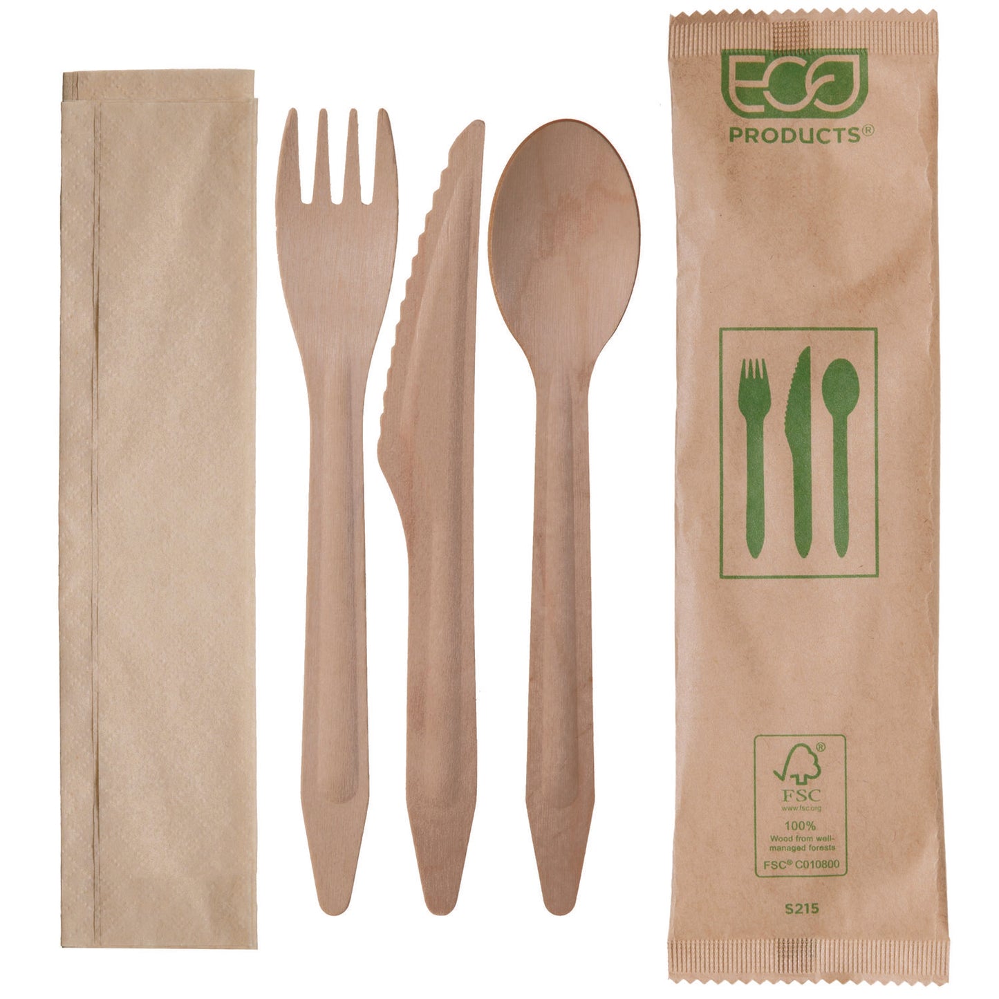 Eco-Products Wood Cutlery, Fork/Knife/Spoon/Napkin, Natural, 500/Carton (EPS215)