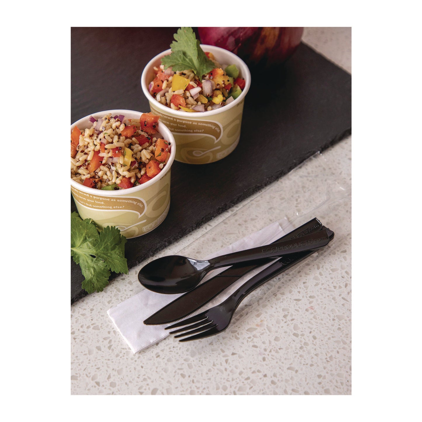 Eco-Products 100% Recycled Content Cutlery Kit, Fork/Knife/Soup Spoon/Teaspoon6", Black, 250 Kits/Carton (EPS115)