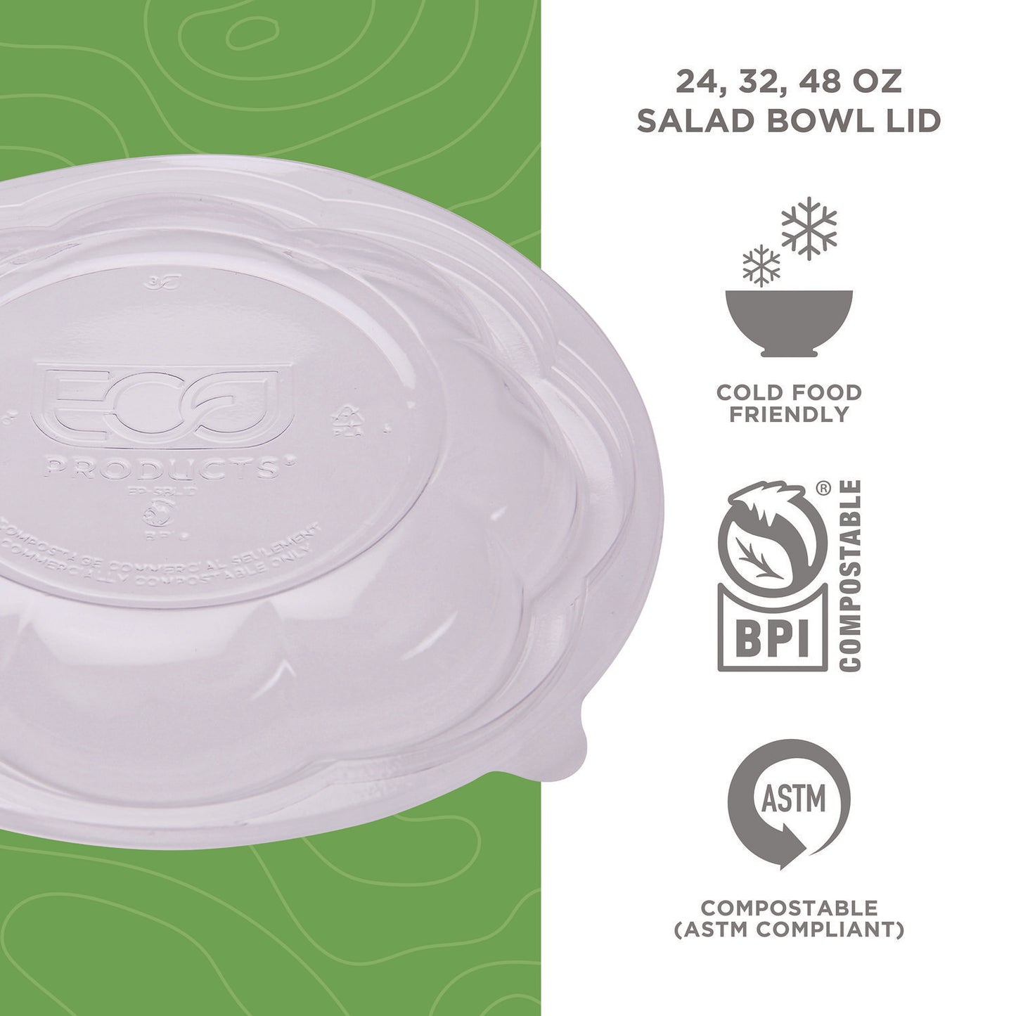 Eco-Products Renewable and Compostable Lids, Fits 24, 32 and 48 oz Salad Bowls, Clear, Plastic, 300/Carton (EPSBLID)