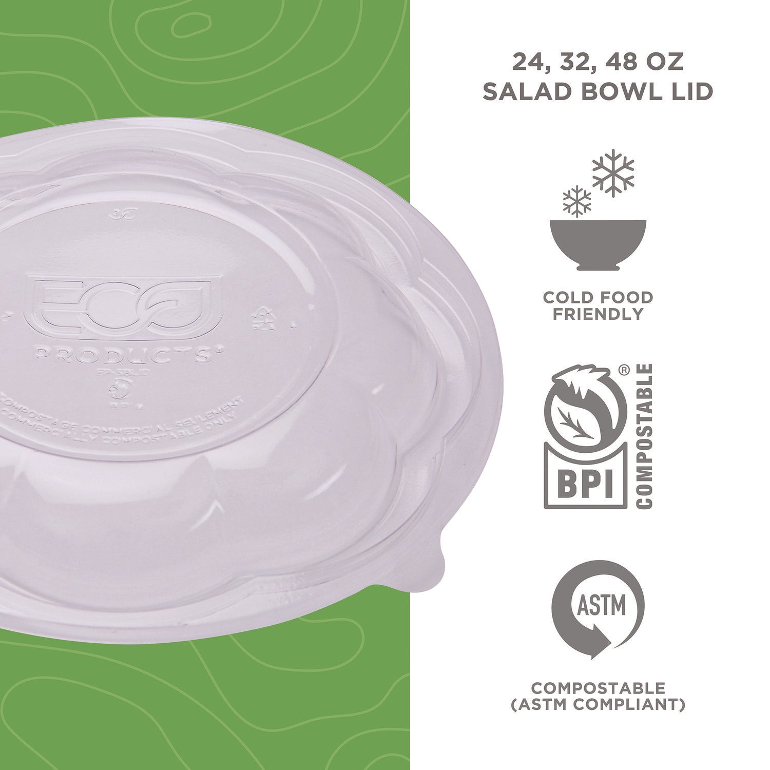Eco-Products Renewable and Compostable Lids, Fits 24, 32 and 48 oz Salad Bowls, Clear, Plastic, 300/Carton (EPSBLID)
