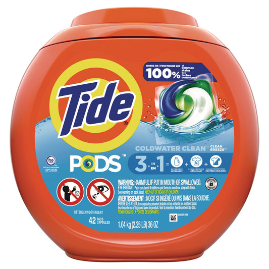 Tide PODS Laundry Detergent, Clean Breeze, 36 oz Tub, 42 Pacs/Tub, 4 Tubs/Carton (00998CT)