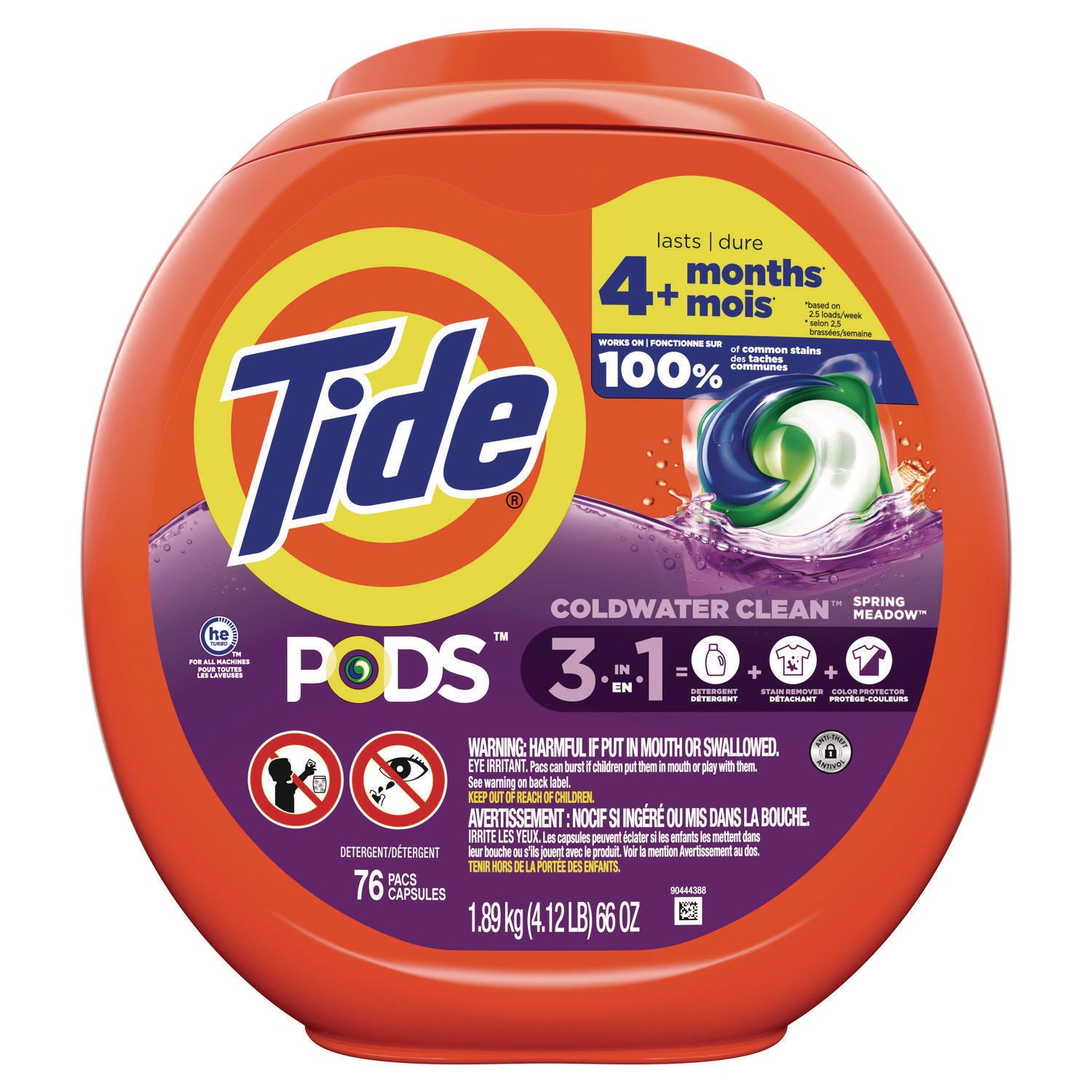 Tide PODS Laundry Detergent, Spring Meadow, 66 oz Tub, 76 Pacs/Tub (09166EA)