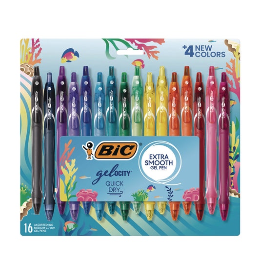 BIC Gel-ocity Quick Dry Gel Pen, Retractable, Medium 0.7 mm, 16 Assorted Ink and Barrel Colors, 16/Pack (RGLCGA16AST)