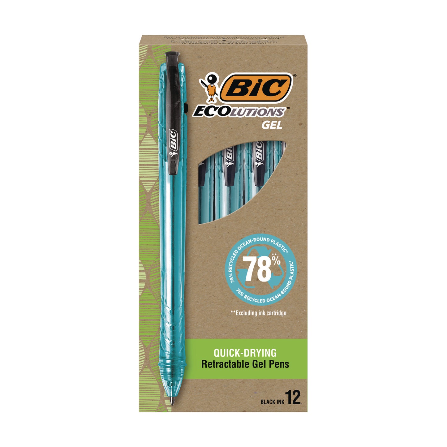 BIC Ecolutions Gel Pen, Retractable, Medium 1 mm, Black Ink, Blue Barrel, 12/Pack (RGLE11BLK)