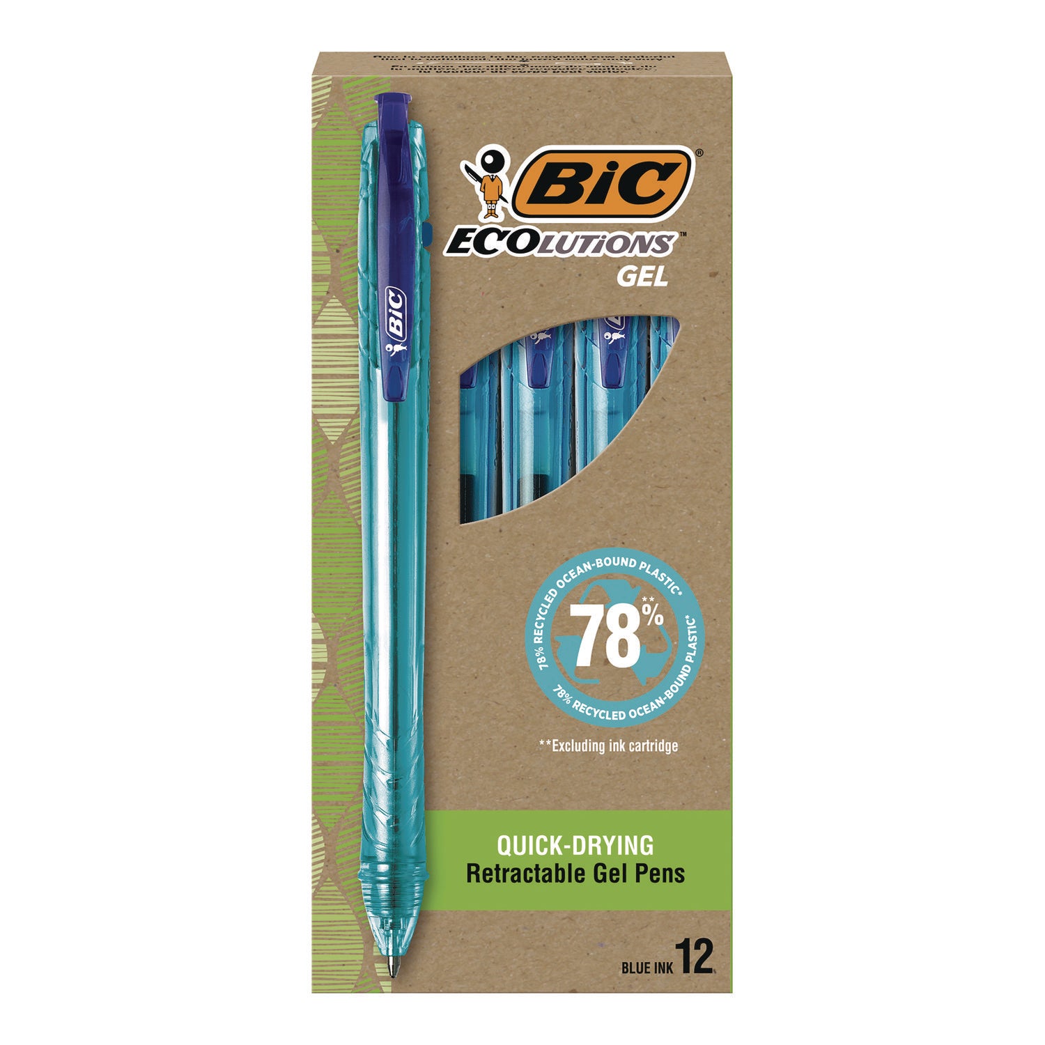 BIC Ecolutions Gel Pen, Retractable, Medium 1 mm, Blue Ink, Blue Barrel, 12/Pack (RGLE11BLU)