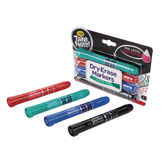 Crayola Take Note Dry Erase Markers, Chisel Tip, Assorted Colors, 4/Set (586543)