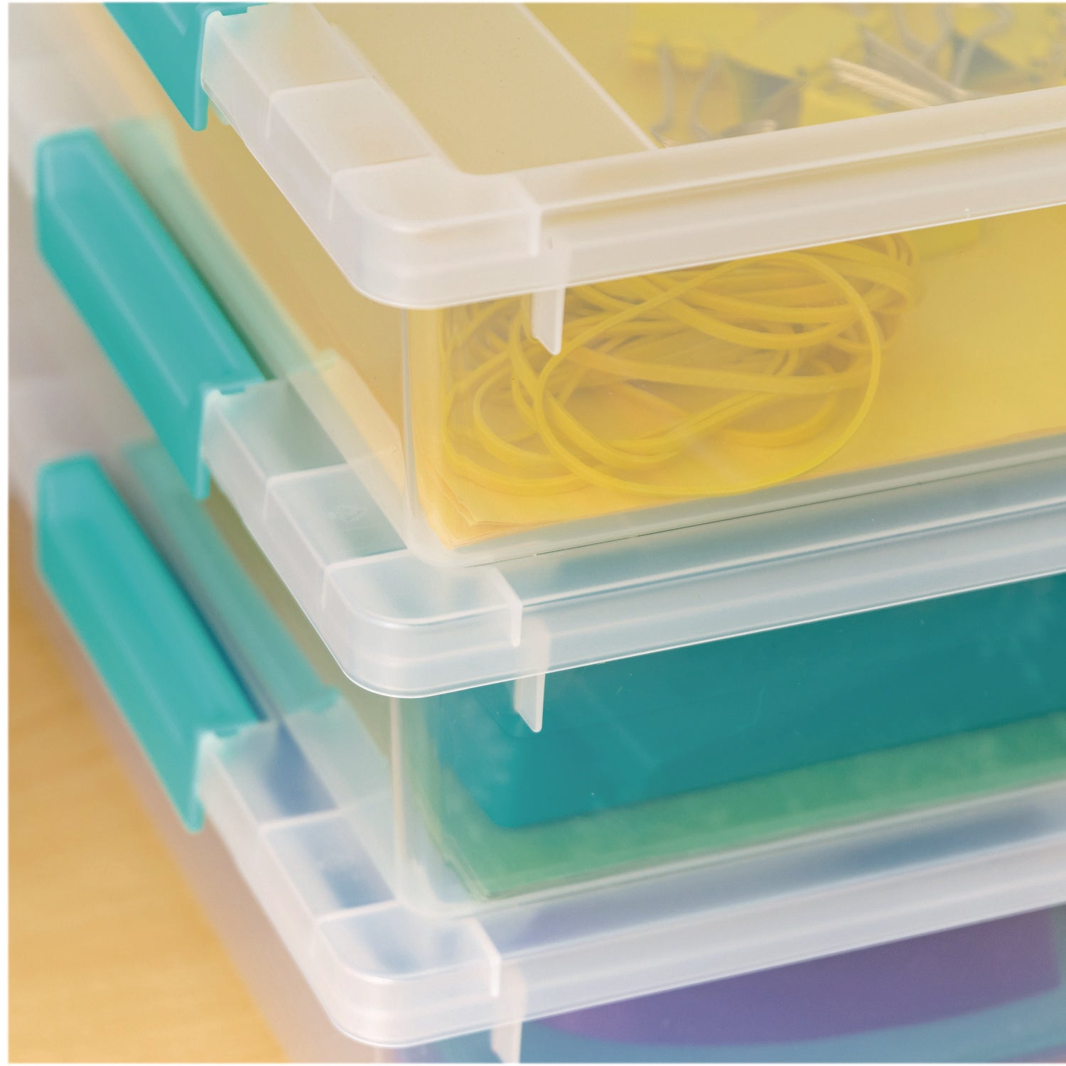 Iris Latch Lid Storage Box, 2.3 gal, 14 x 11 x 3.5, Clear Bin/Seafoam Latches (301158)