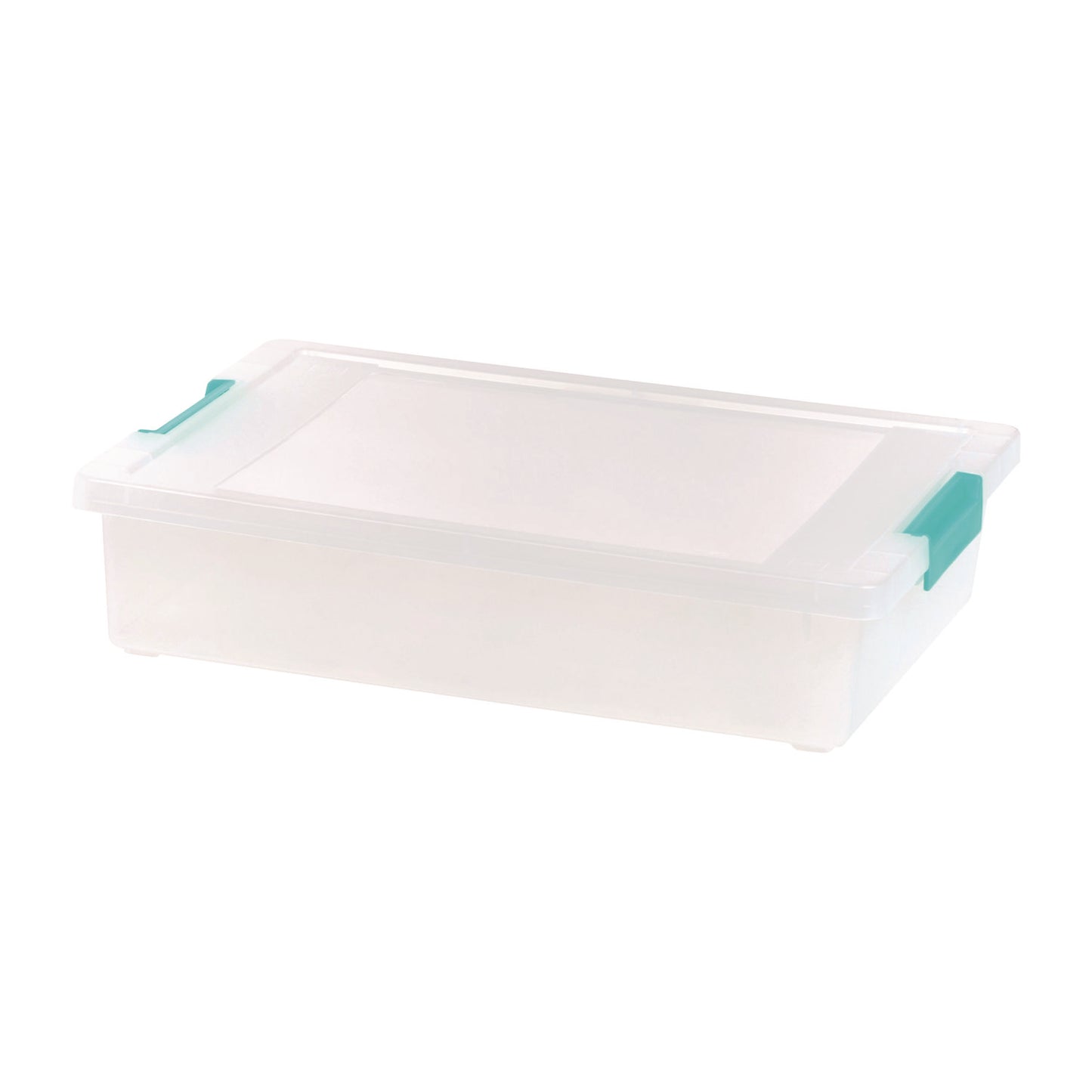Iris Latch Lid Storage Box, 2.3 gal, 14 x 11 x 3.5, Clear Bin/Seafoam Latches (301158)