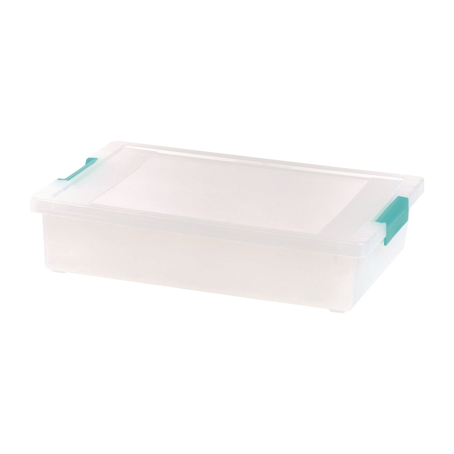 Iris Latch Lid Storage Box, 2.3 gal, 14 x 11 x 3.5, Clear Bin/Seafoam Latches (301158)