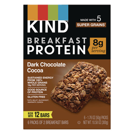 KIND Breakfast Protein Bars, Dark Chocolate Cocoa, 1.76 oz Two-Bar Packs, 6/Box (PHW41936)