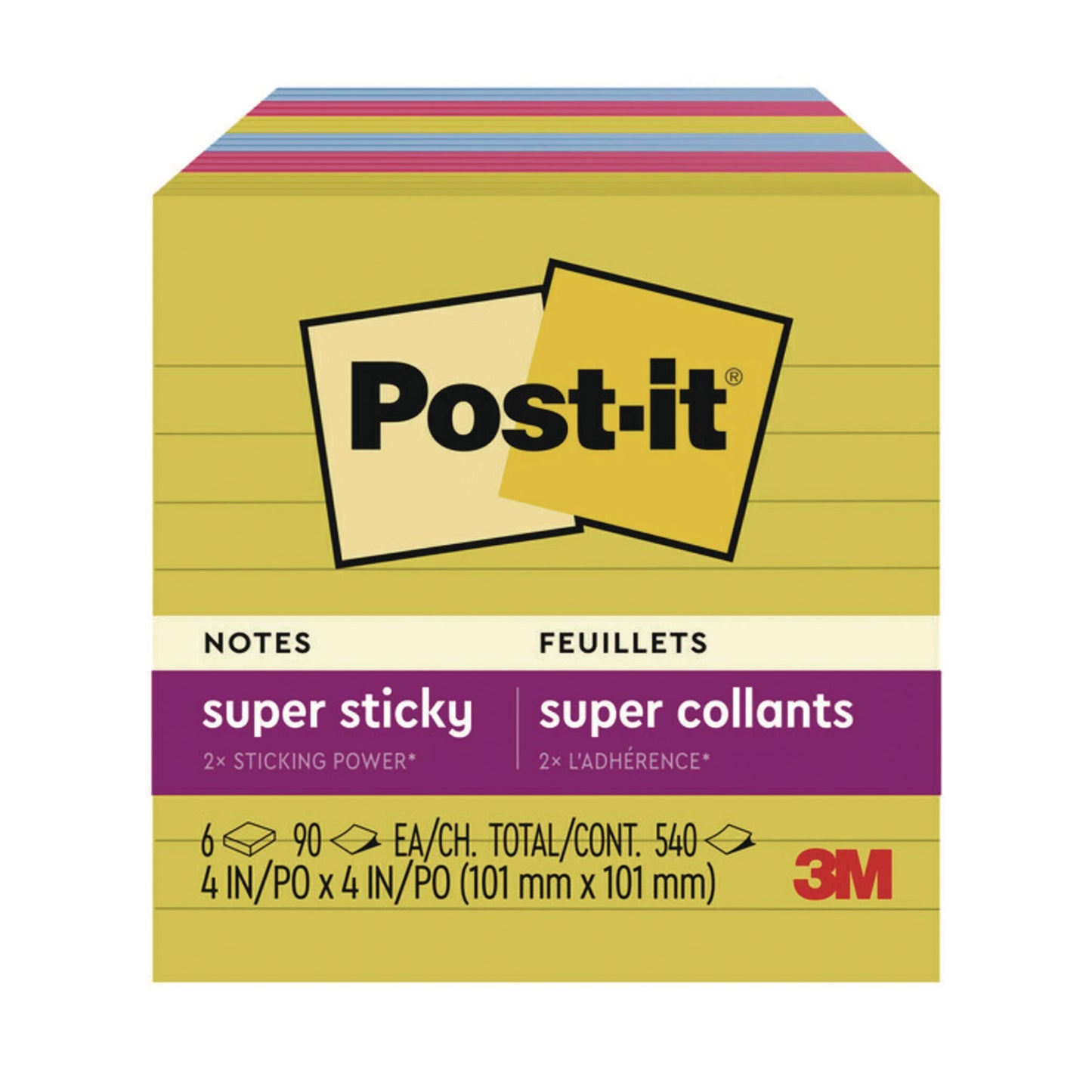 Post-it Note Pads in Summer Joy Color Collection Colors, 4" x 4", Note Ruled, 90 Sheets/Pad, 6 Pads/Pack (6756SSJOY)
