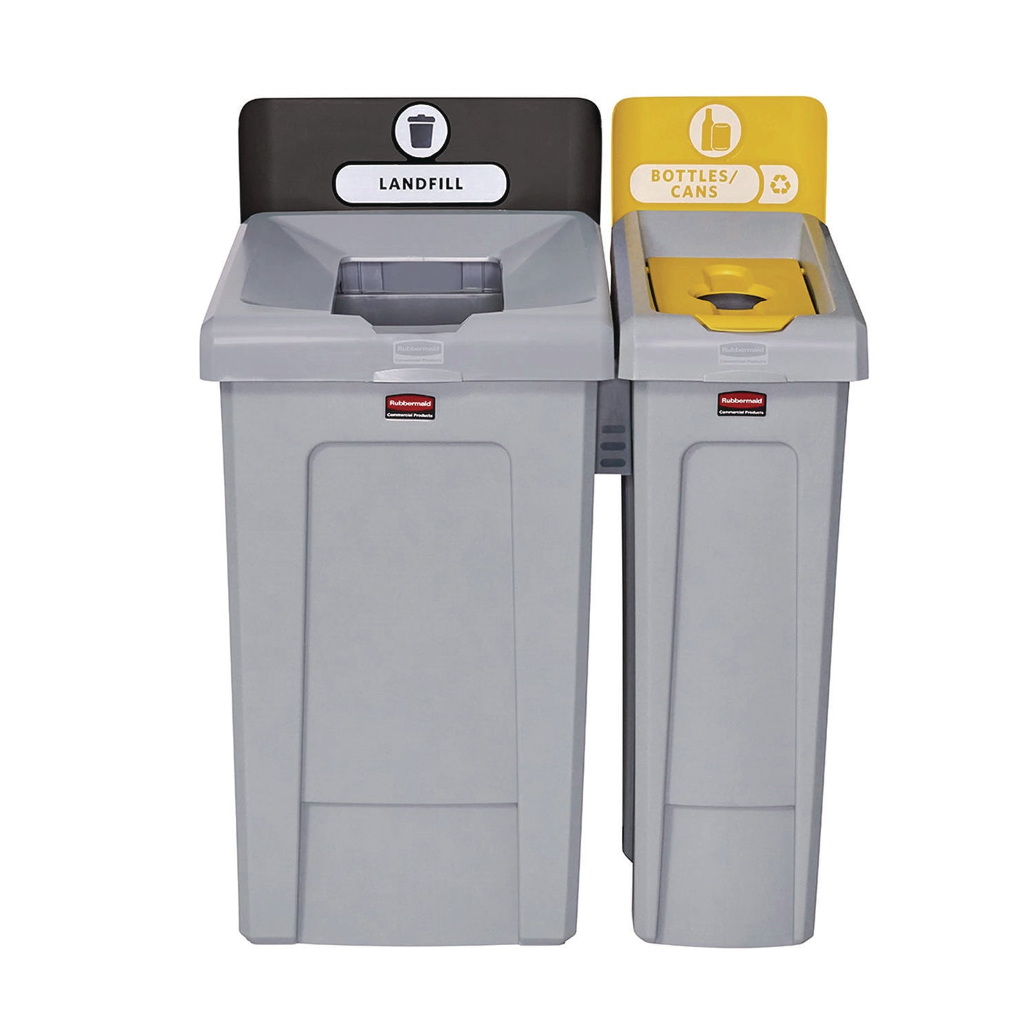 Rubbermaid Commercial Slim Jim Recycling Station Kit, 1-Stream Bottles and Cans, 23 gal, Plastic, Yellow/Gray (2185052)