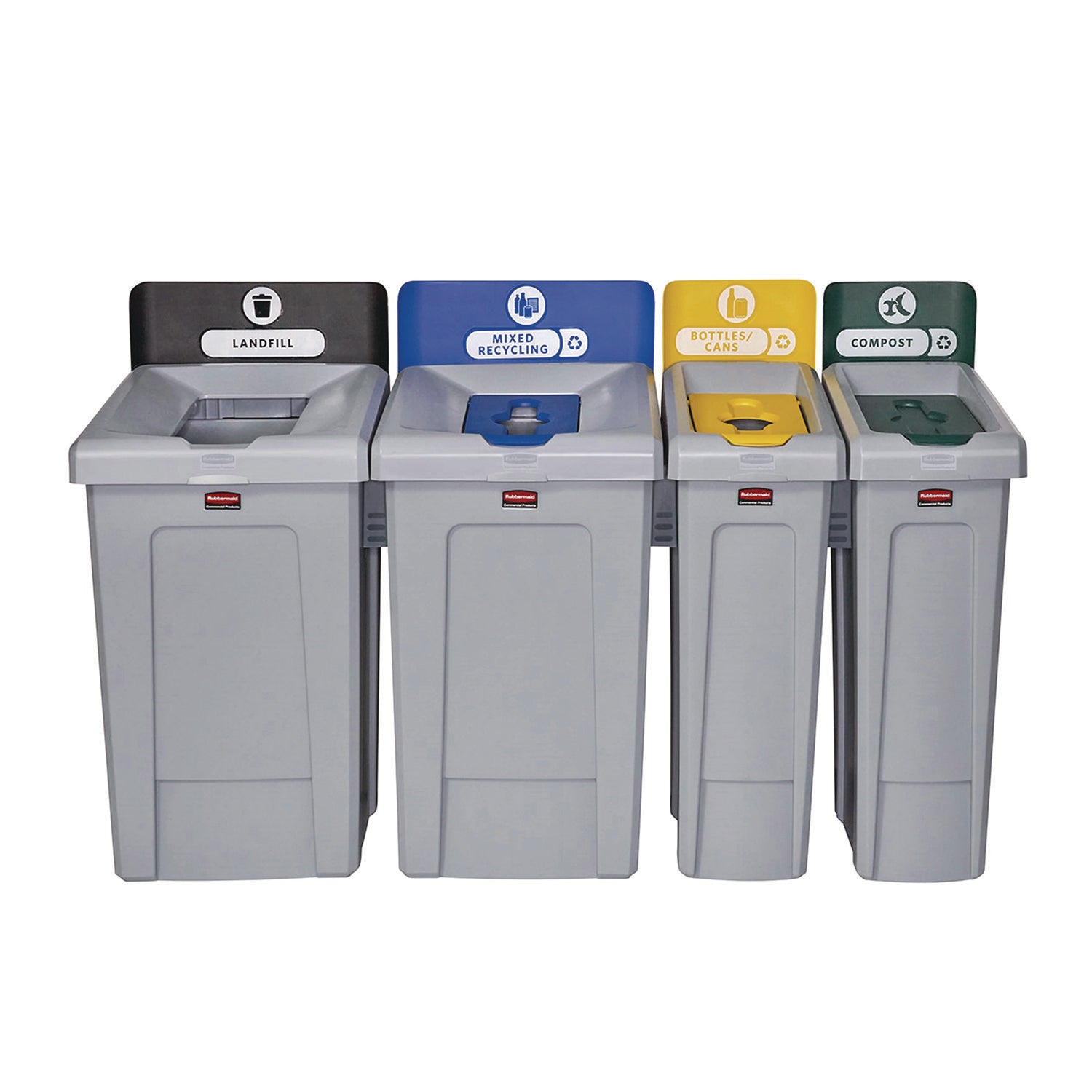 Rubbermaid Commercial Slim Jim Recycling Station Kit, 1-Stream Bottles and Cans, 23 gal, Plastic, Yellow/Gray (2185052)