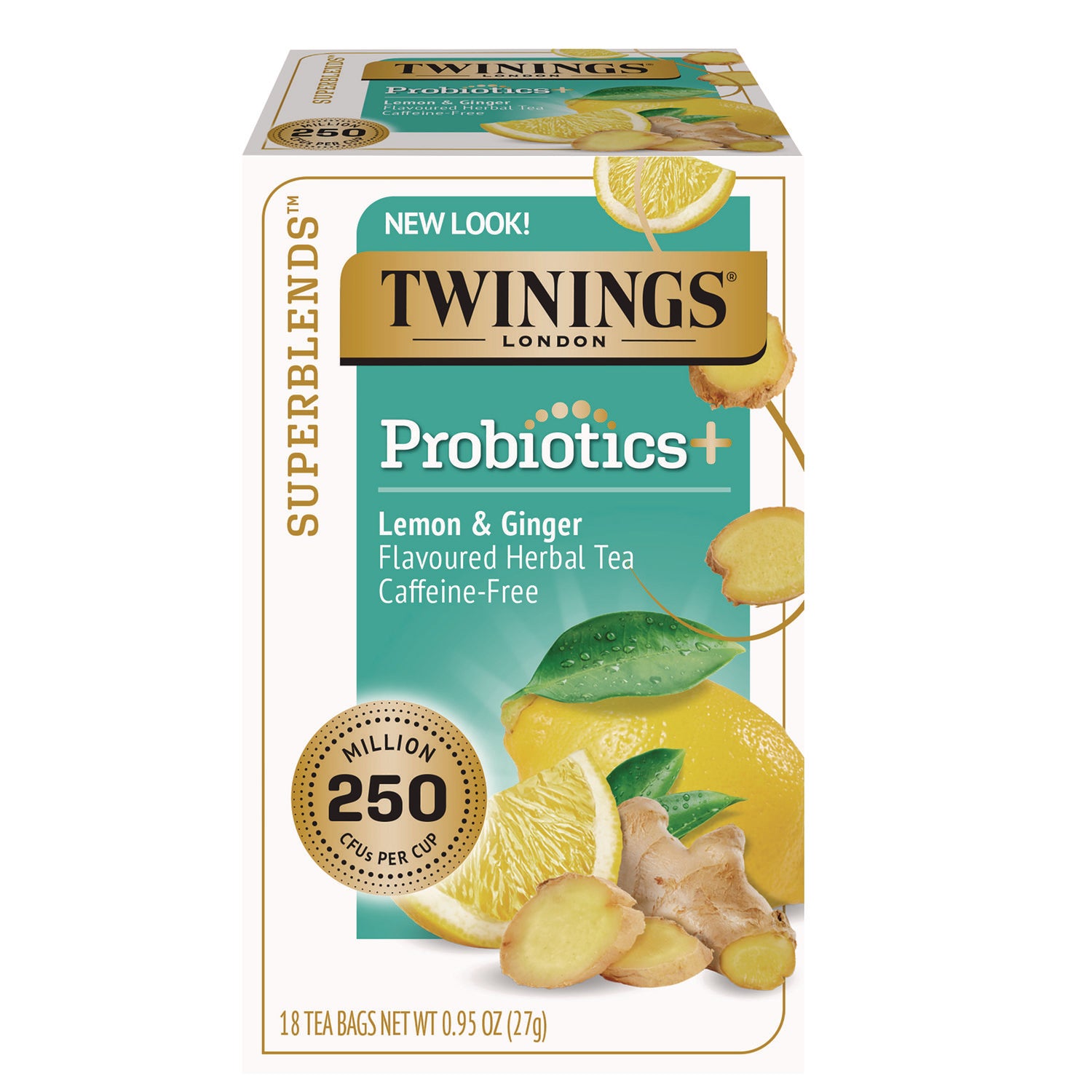 TWININGS Probiotics Lemon and Ginger Herbal Tea Bags, 0.05 oz, 18/Box (TNA95223)