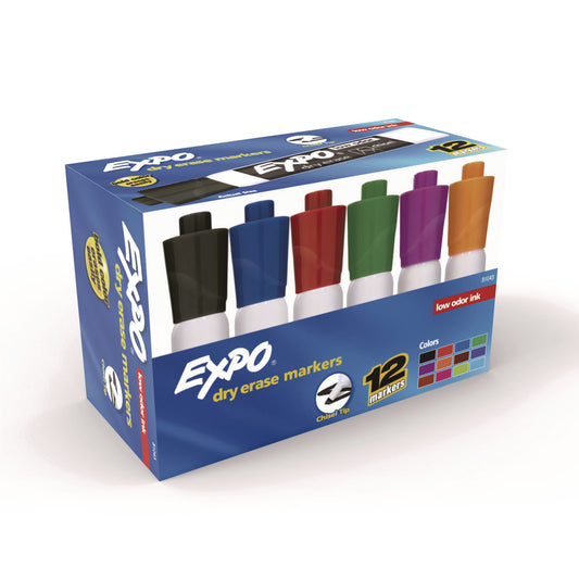 EXPO Low-Odor Dry-Erase Marker, Broad Chisel Tip, Assorted Colors, 12/Box (81043)