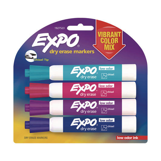 EXPO Low-Odor Dry Erase Marker, Broad Chisel Tip, Assorted Colors, 4/Pack (1927523)