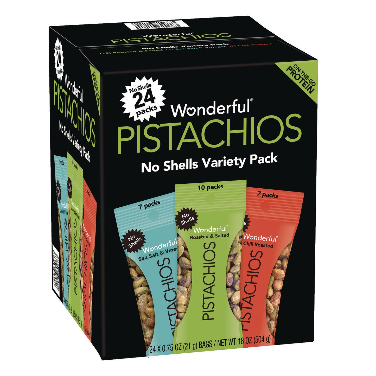 Wonderful No Shells Roasted and Salted Pistachios Variety Pack, Assorted Flavors, 0.75 oz Bag, 24/Carton (PAR70086)