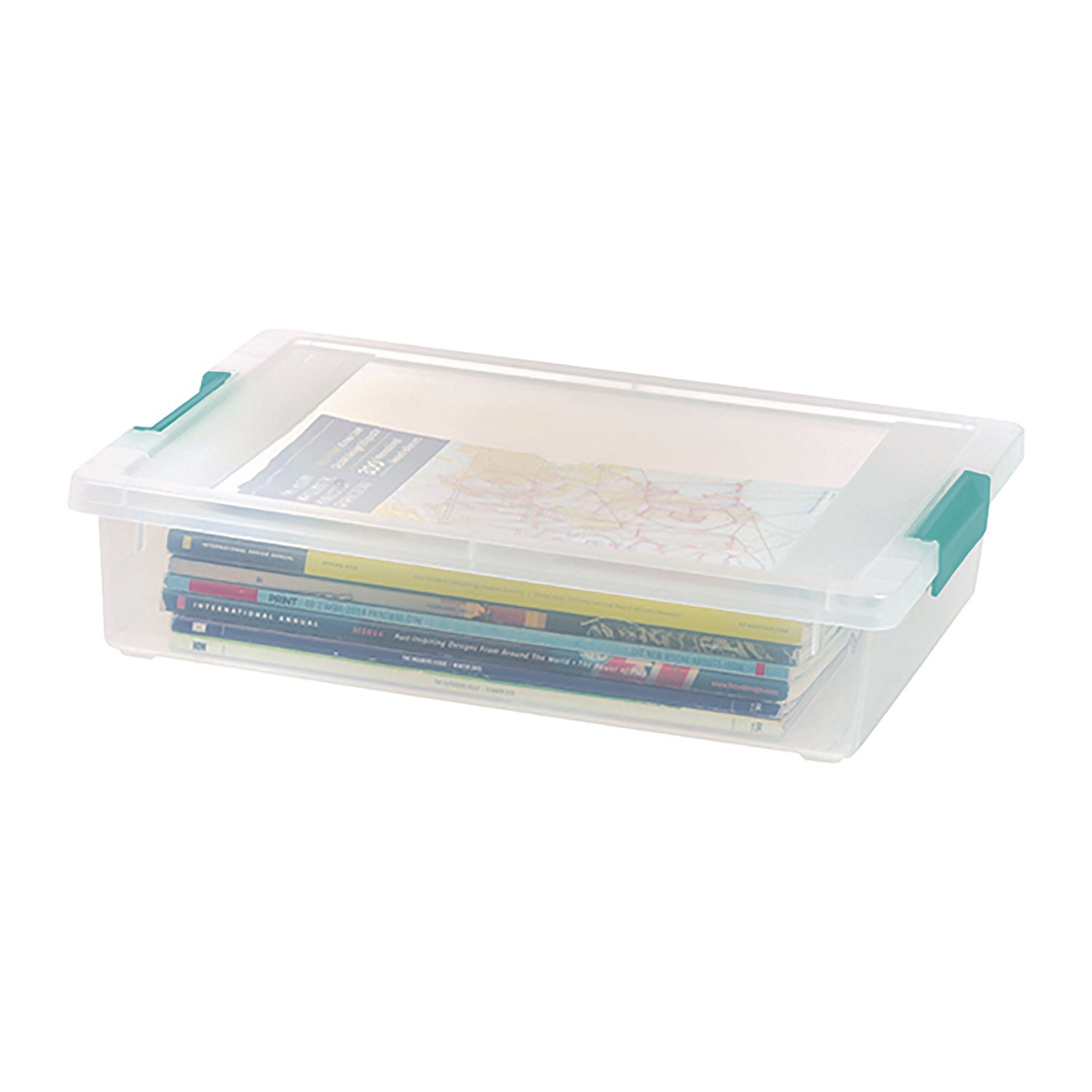 Iris Latch Lid Storage Box, 2.3 gal, 14 x 11 x 3.5, Clear Bin/Seafoam Latches (301158)