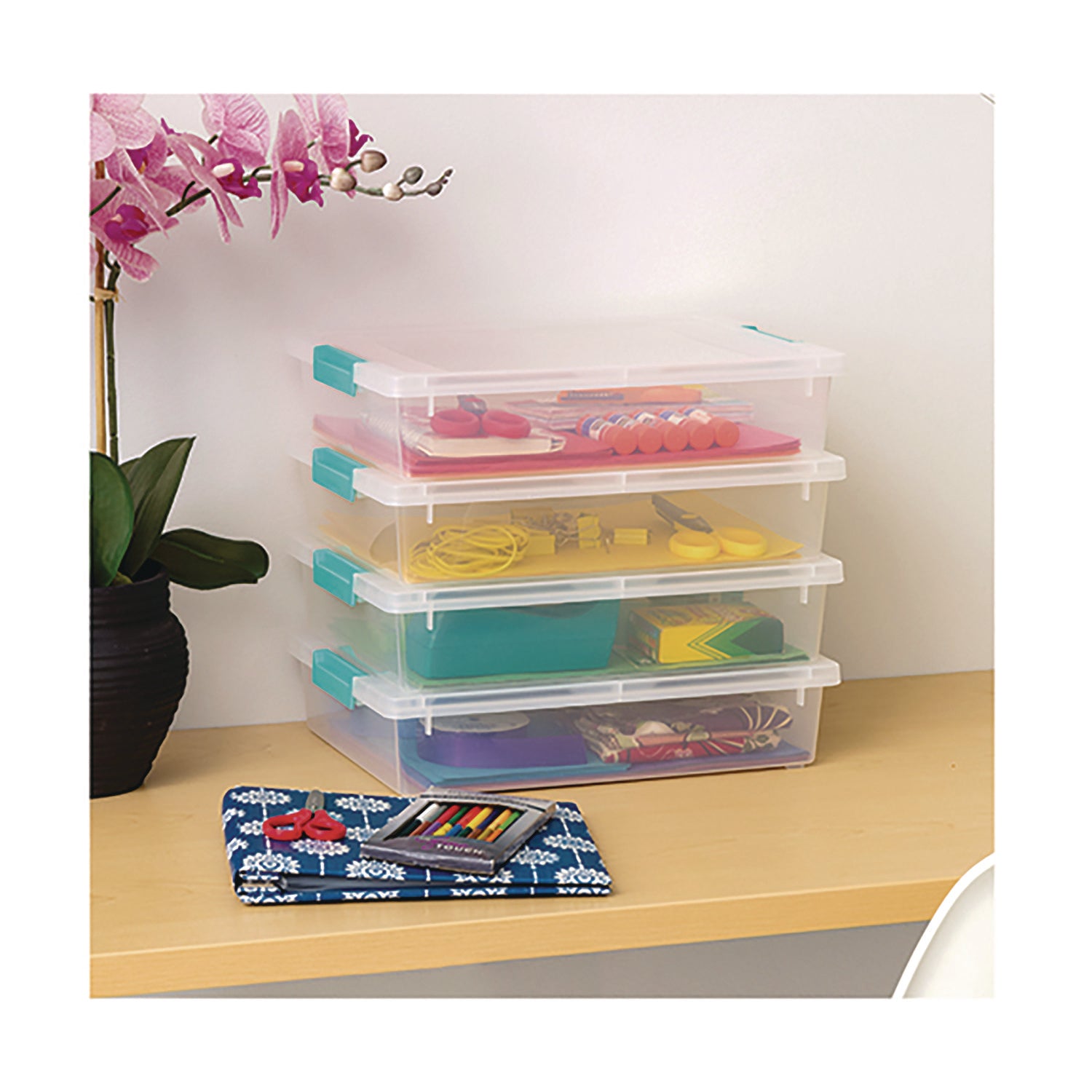 Iris Latch Lid Storage Box, 2.3 gal, 14 x 11 x 3.5, Clear Bin/Seafoam Latches (301158)